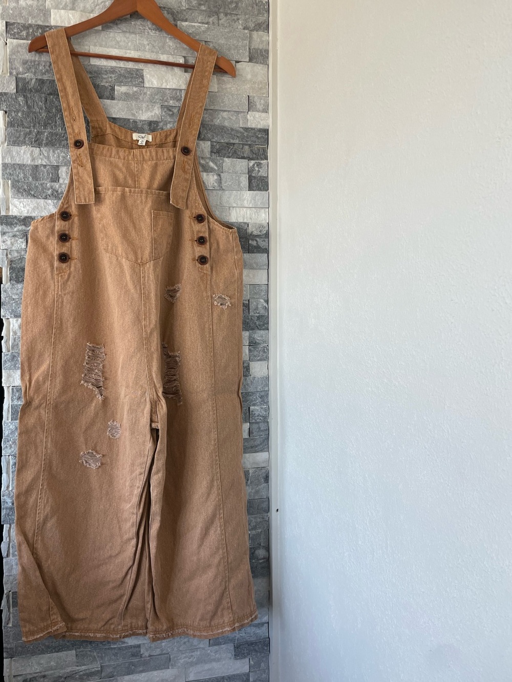 Women’s EASEL Wide Leg Distressed Cotton Overalls-Orange/Tan-Sz Medium